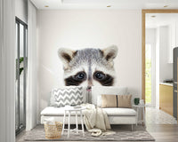 Whimsical bubble gum raccoon wall art for children’s space.

