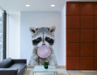 Colorful bubble gum raccoon mural for kids' room.

