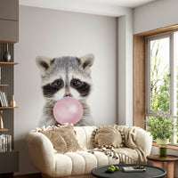 Playful raccoon mural with bubble gum for vibrant room walls.

