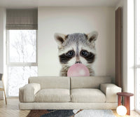 Bubble gum raccoon wall mural in bold, vibrant colors.

