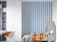 Wallpaper with skyline stripes for a modern look.

