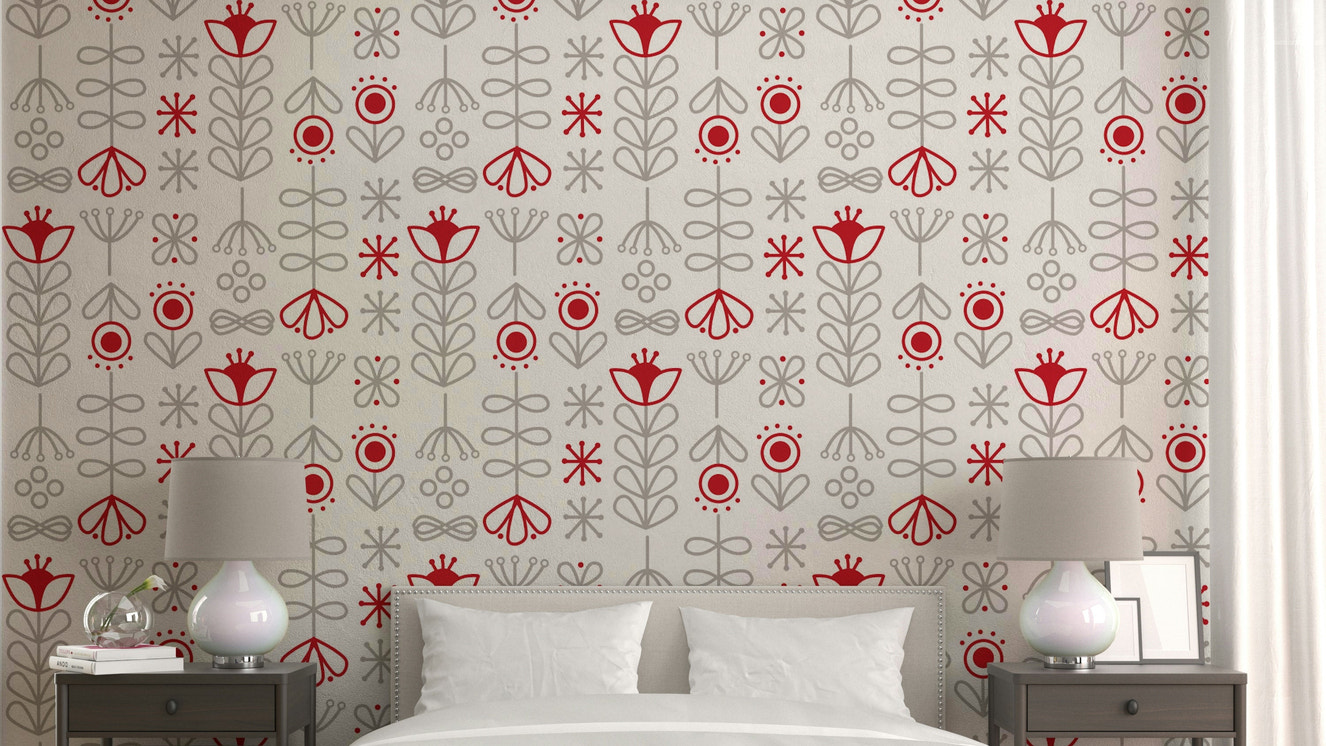 Red & grey bloom wall mural for modern interiors

