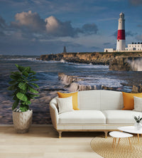 Classic lighthouse mural with ocean view for home decor.

