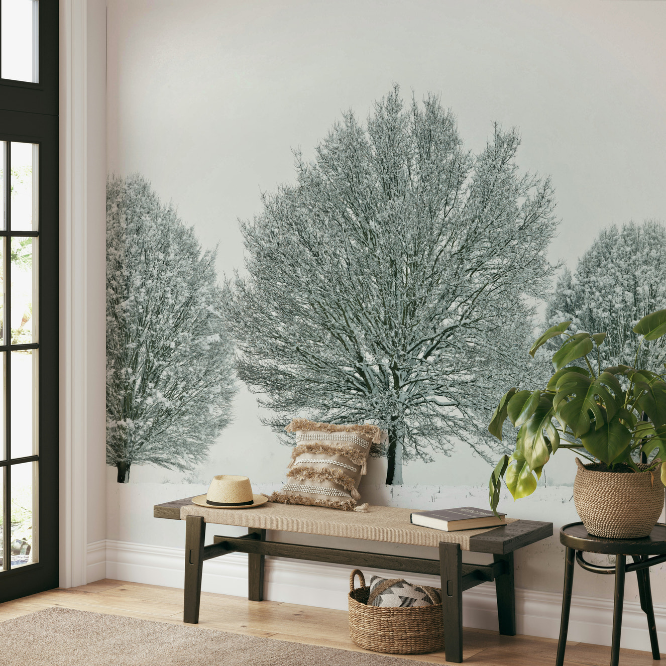 Frosty trees in serene winter landscape mural

