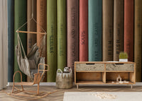 Inviting library mural with antique books and shelves

