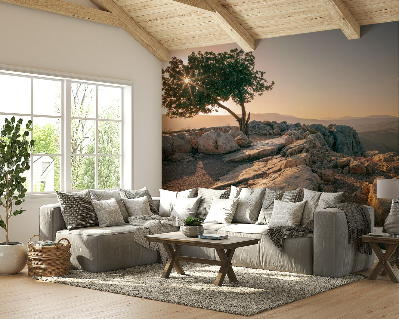 Solitary tree mural at dusk for peaceful interiors.

