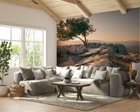 Solitary tree mural at dusk for peaceful interiors.

