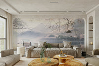 Wall mural featuring a calm lake and tranquil bench.

