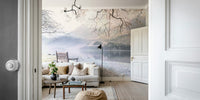 Still lake wall mural with peaceful bench setting.

