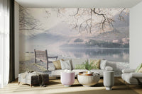 Tranquil bench by still lake wall art mural.

