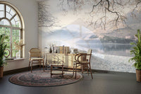 Peaceful still lake scene with bench on wall mural.

