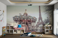 Vibrant Eiffel Tower carousel mural for modern spaces

