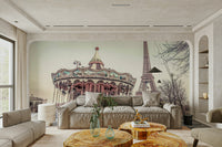 Eiffel Tower wall mural with colorful carousel ride

