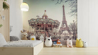 Parisian carousel mural with iconic Eiffel Tower backdrop

