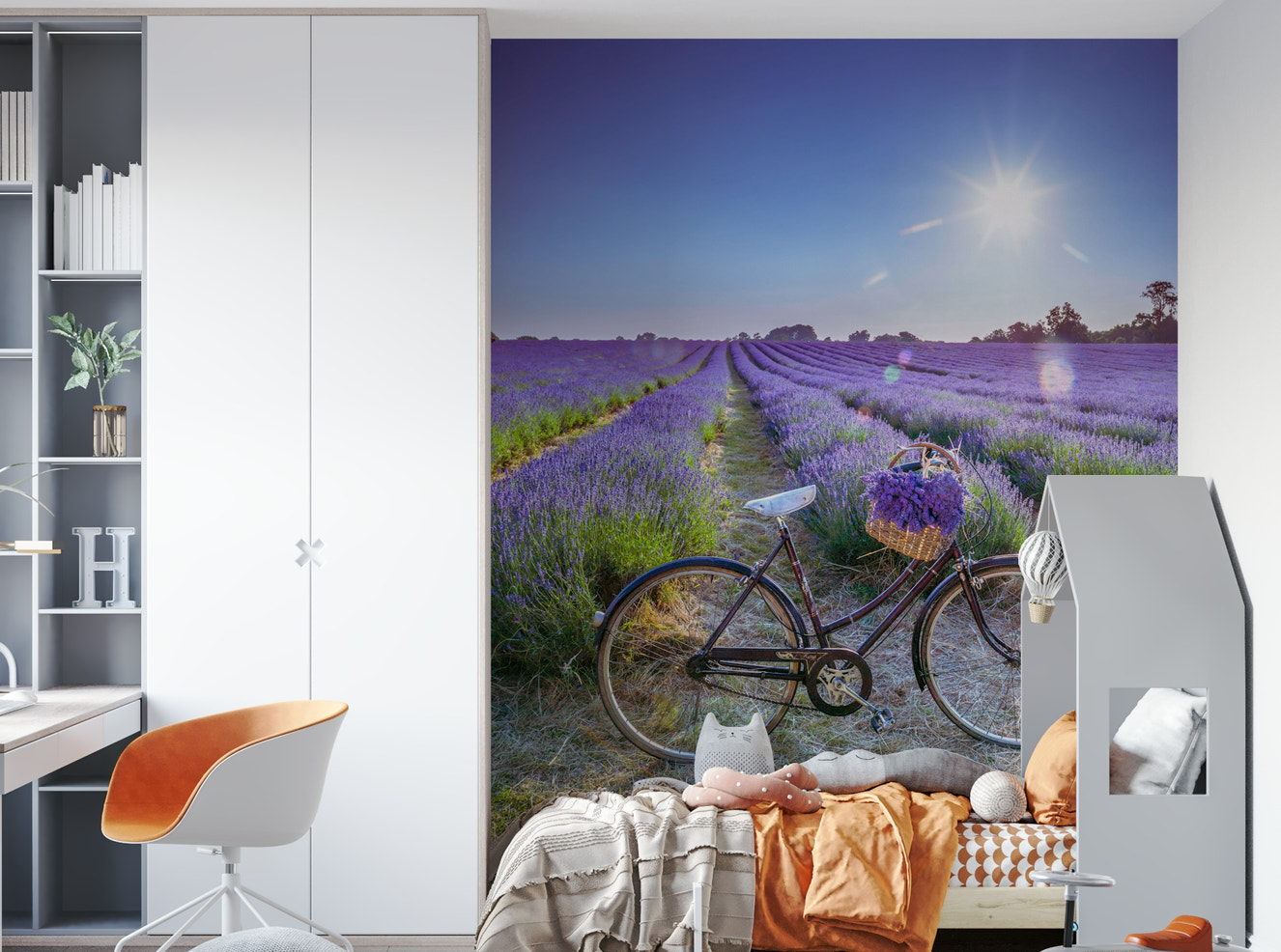 Cycle in lavender field mural for home decor

