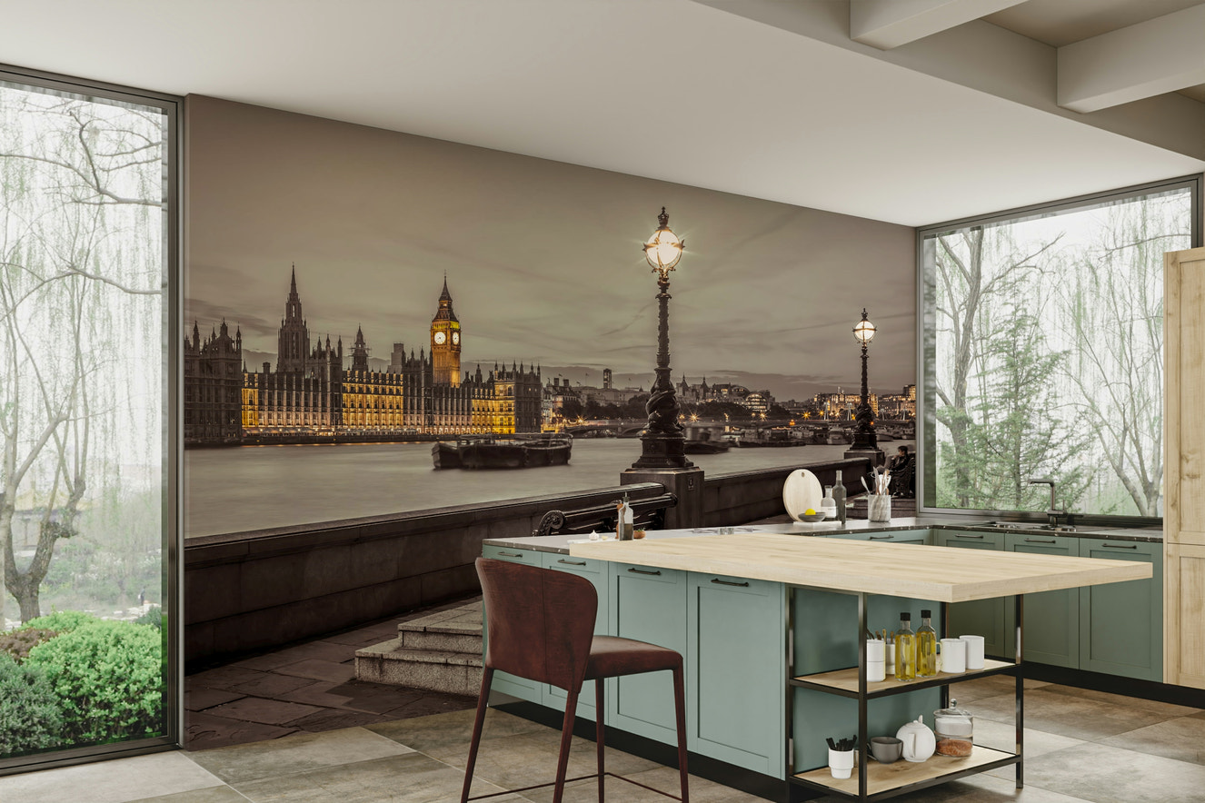 Embankment Bench Wall Mural for Serene Spaces

