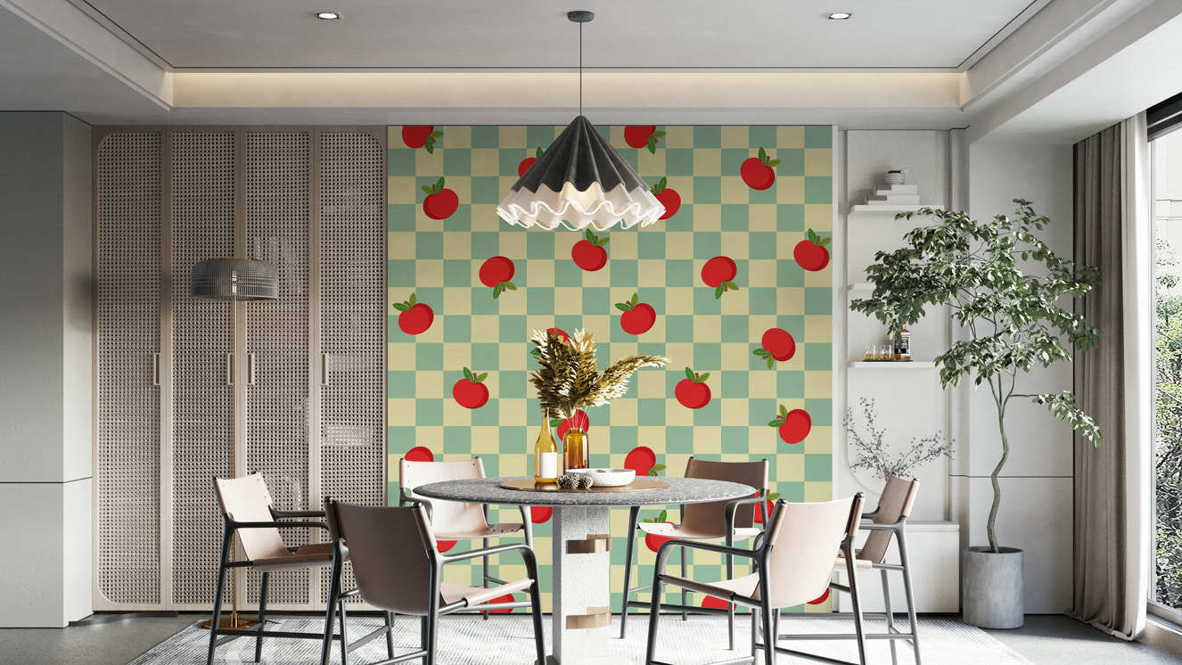 Cottagecore fruit wallpaper featuring apple checkerboard

