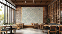Trumpet flower damask wallpaper in blue and sage

