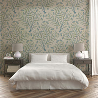 Trumpet flower damask design on sage green wallpaper

