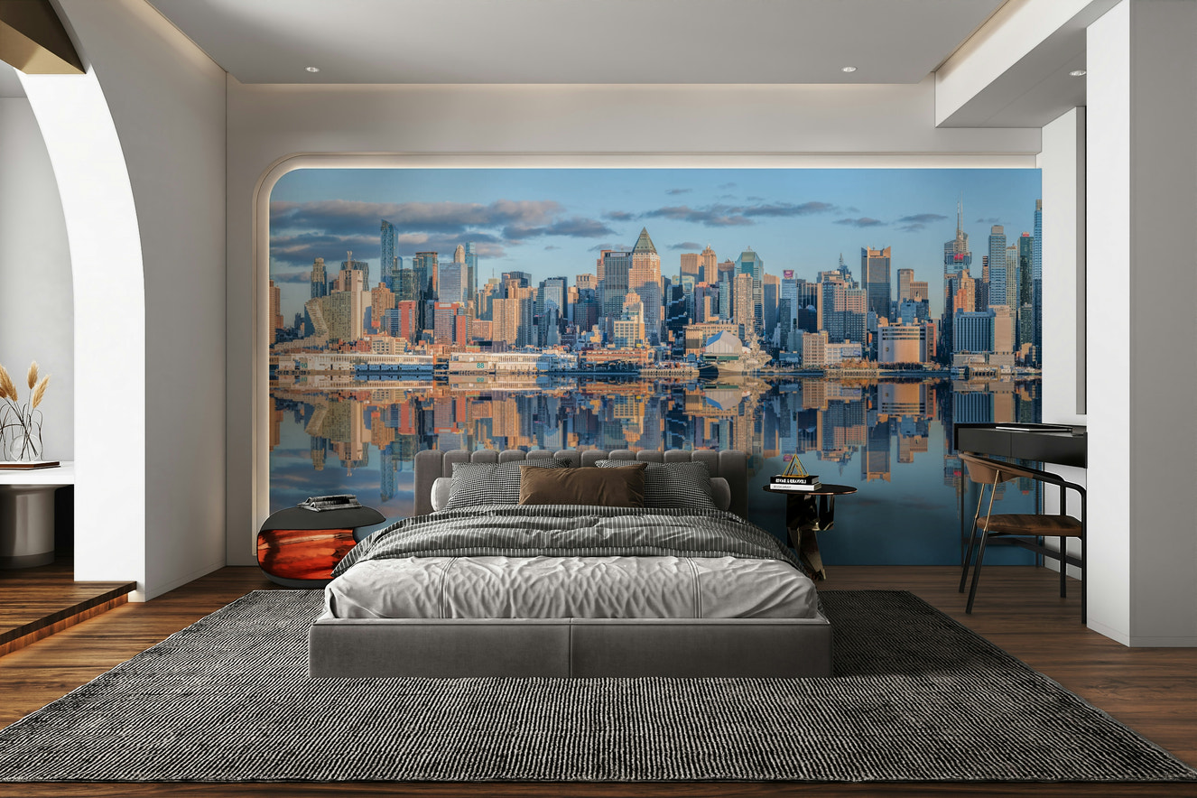 Reflective view of Manhattan skyline wall mural.

