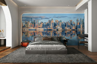 Reflective view of Manhattan skyline wall mural.

