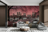 New York City skyline bathed in pink dusk tones mural.

