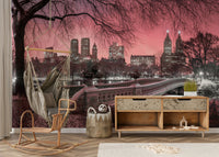 Central Park wall mural capturing a pink dusk scene.

