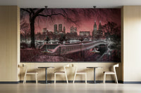Peaceful pink sunset view over Central Park mural.

