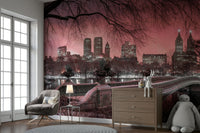 Central Park at dusk with soft pink sky mural.

