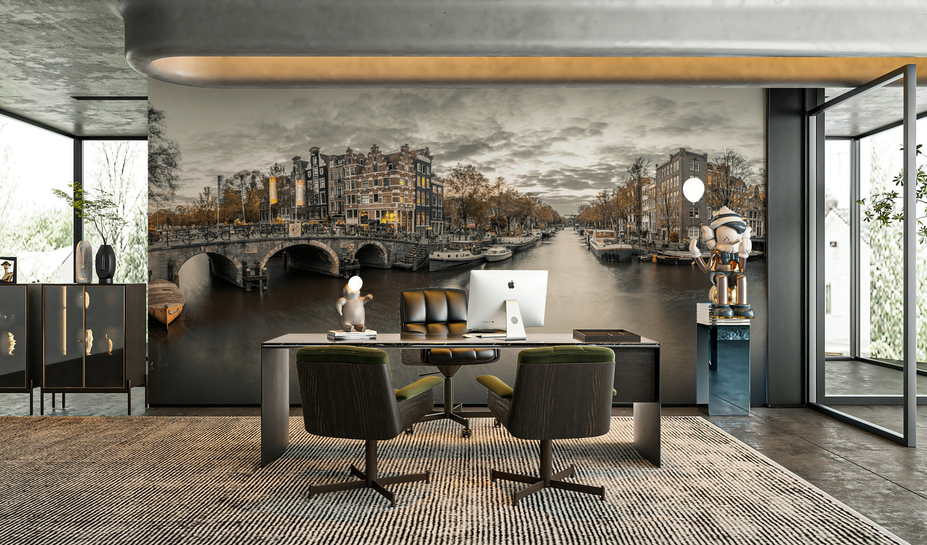 Amsterdam skyline at dusk with glowing lights