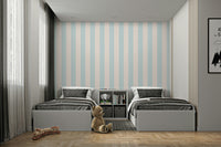 Vertical striped wallpaper in beige and baby blue.

