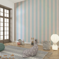 Contemporary wallpaper with soft blue and beige stripes.


