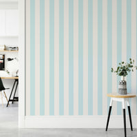 Calm and neutral striped wallpaper in blue and beige.

