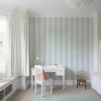 Modern stripe wallpaper in baby blue and neutral tones.

