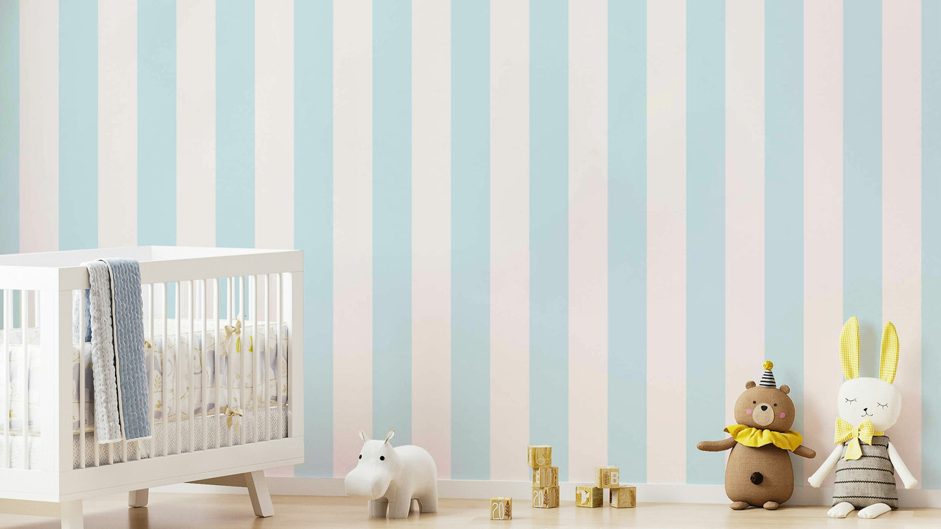 Soft pastel blue and beige stripe wall design.

