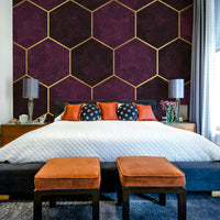 Modern hexagon-shaped wall mural in dark plum.