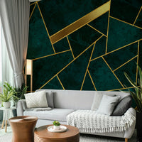 Chic dark teal and gold mosaic wallpaper for stylish rooms.