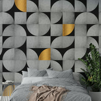 Abstract Mid-Century Wall Mural with Concrete and Gold

