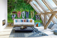 Unique mural with clothing turned into planters

