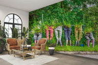 Whimsical mural of pants used as flower pots

