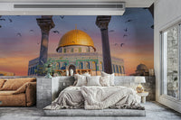 Historic building and modern faith symbol mural

