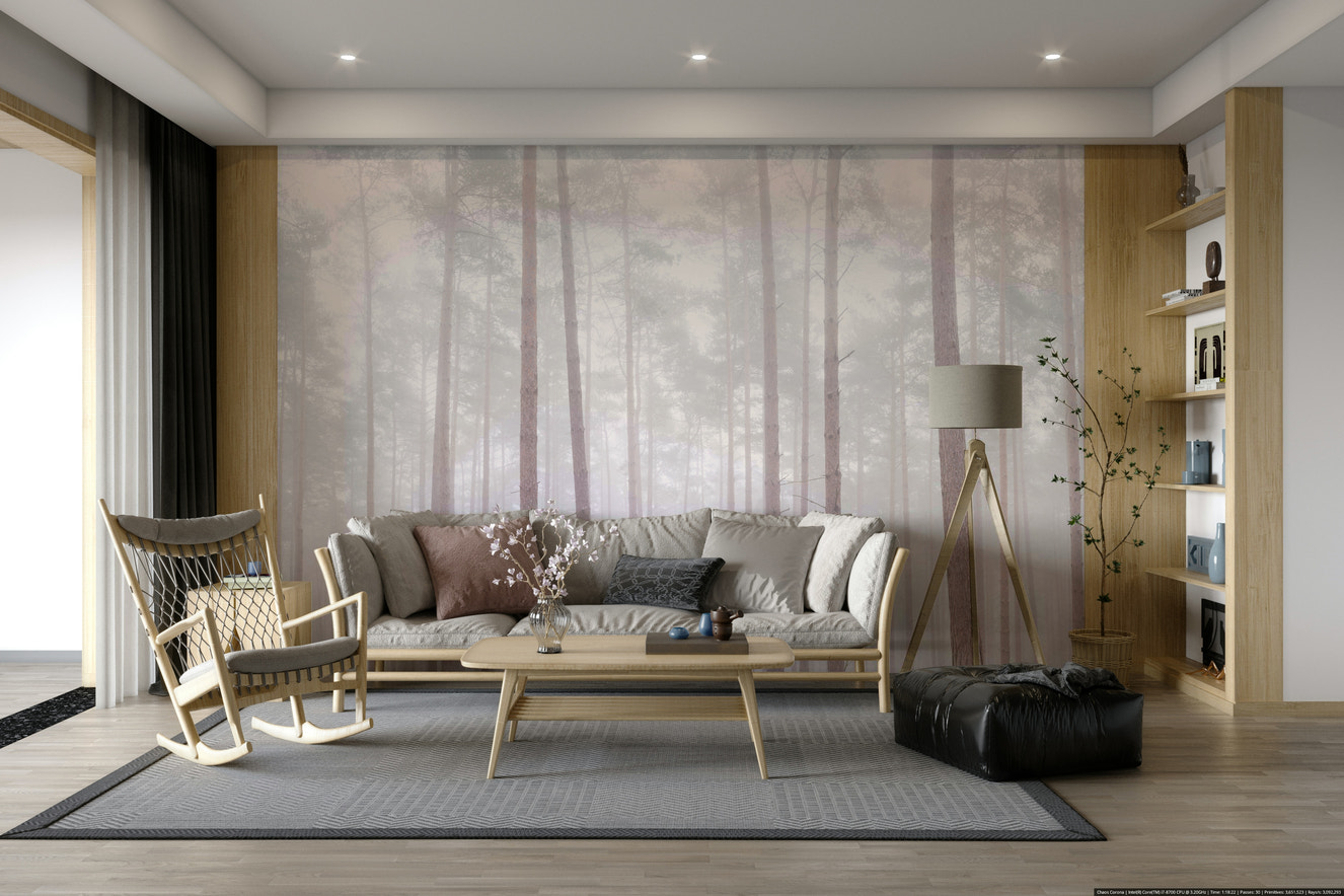 Misty forest wall mural with tall trees

