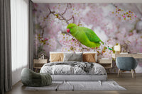 Parakeet mural with soft botanical background

