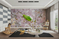 Wall mural with vibrant parakeets and petals

