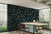 Abstract wall mural with teal geometry

