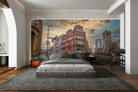 Narrow cobbled street mural at dusk

