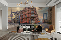 Historic city mural with street lamps

