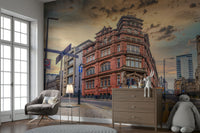 Dusk cityscape mural with Victorian charm

