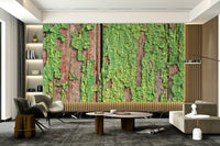Distressed green timber wallpaper design