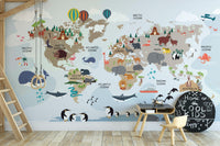 Cartoon animals on global map mural

